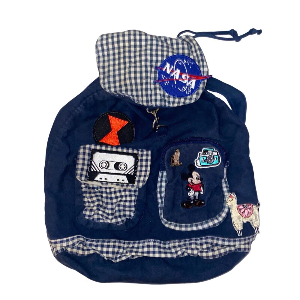 Vintage 90s Mickey Unlimited Disney Canvas Backpack Blue Gingham Patches